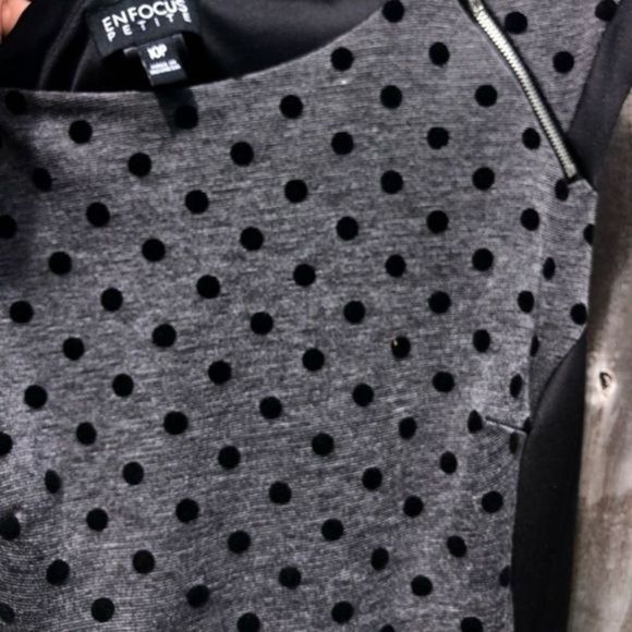 113. Enfocus Petite Polka Dot Black and Gray Dress 10P - Picture 13 of 14